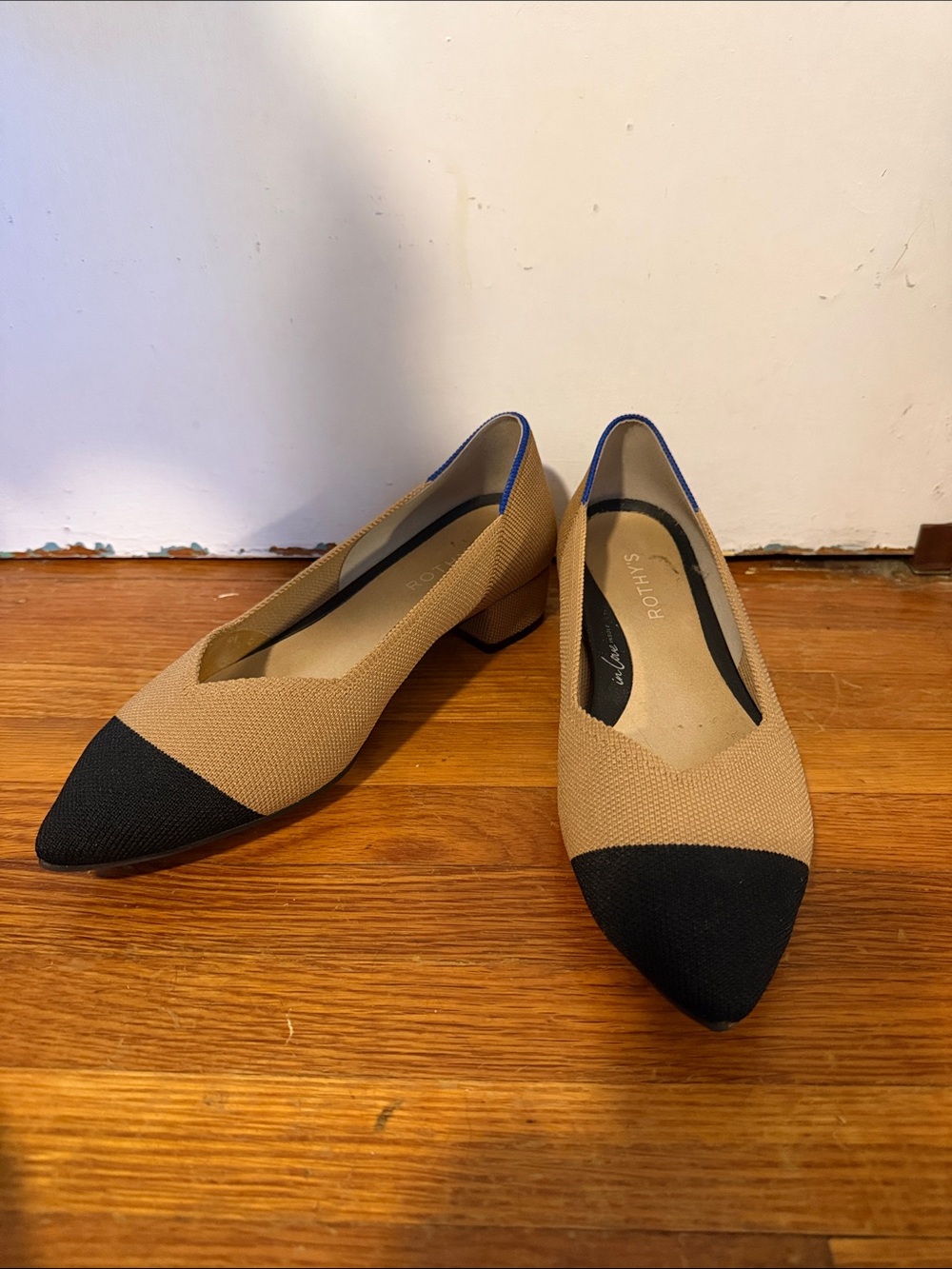 Rothy's Two-Tone Pointed Low Block Heel in Tan and Black